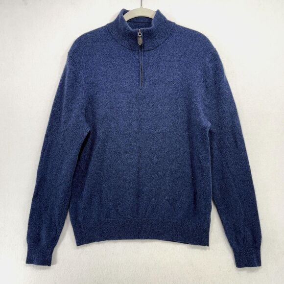 Bloomingdales Mens Store Sweater Men L Blue Cashmere Half Zip Pullover Soft Warm - Picture 1 of 11